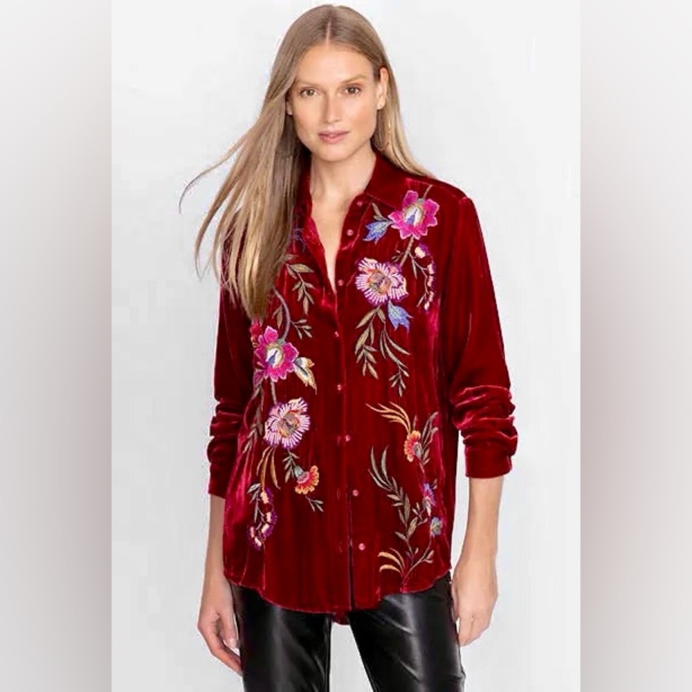 Johnny Was Burgundy Velvet Oversized Floral Blouse